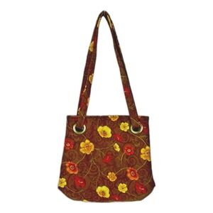 Handmade Floral Tote Bag Purse Brown Quilted Red‎ Yellow Flowers Unique Artsy